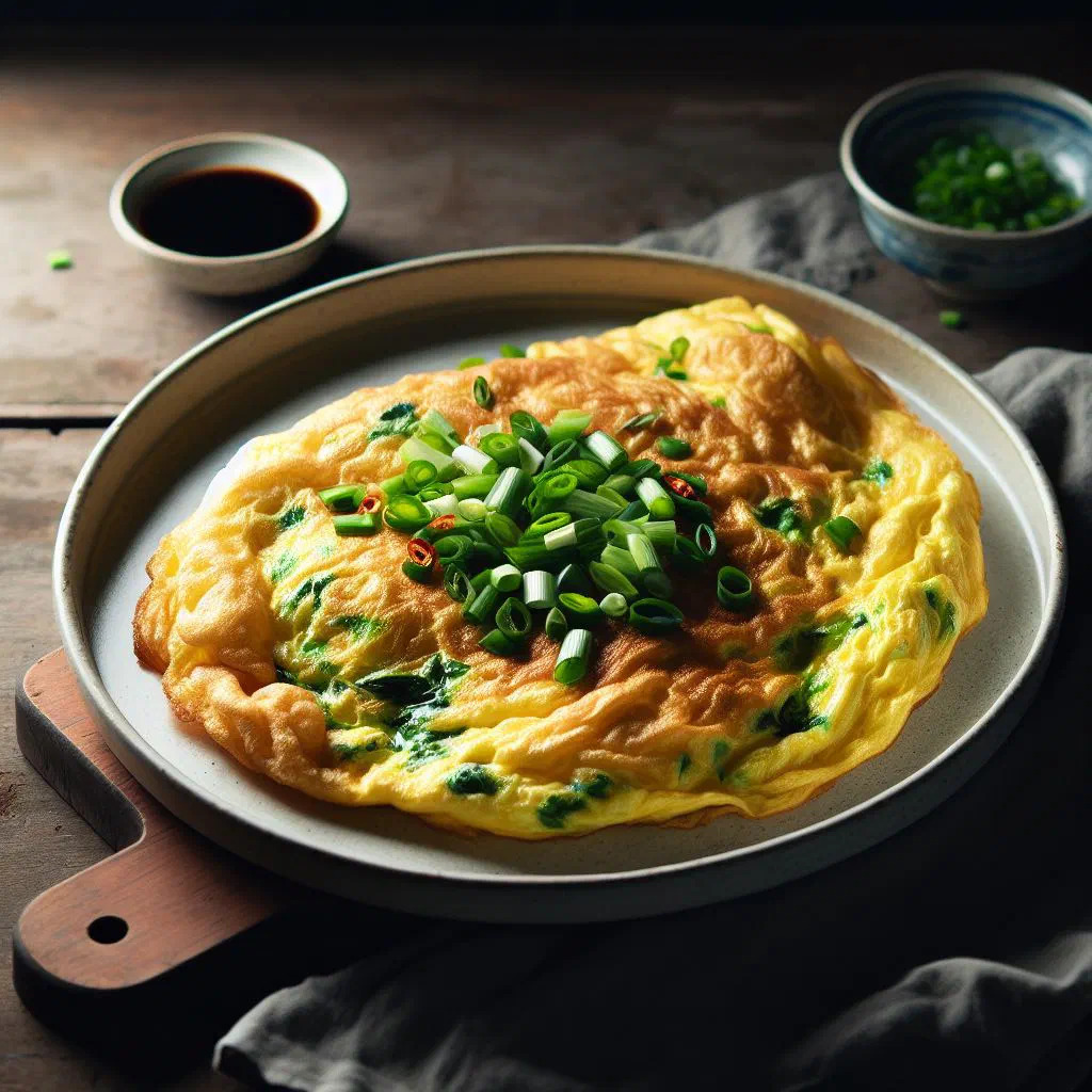 Golden Singaporean-style omelette flecked with chilli, prawns and fresh coriander