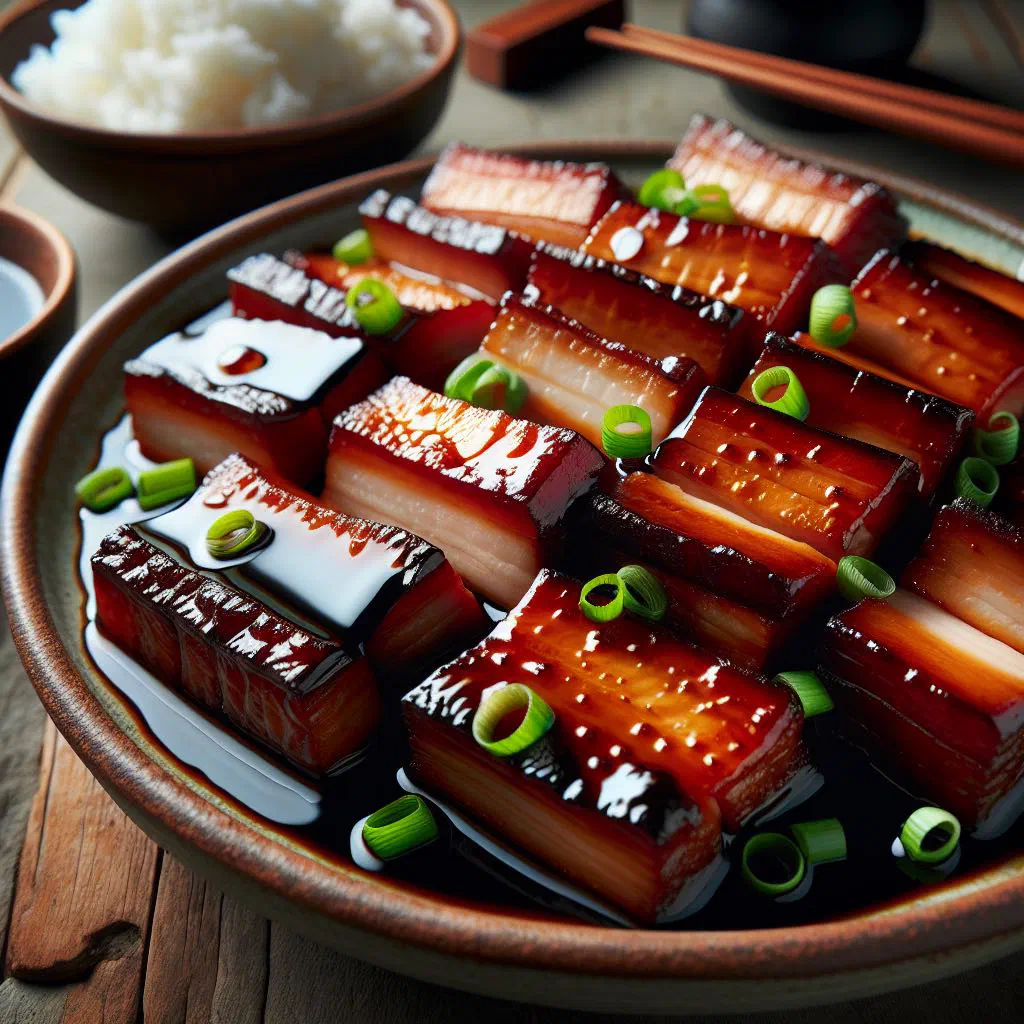 Braised soy sauce pork belly served over steamed rice with spring onions