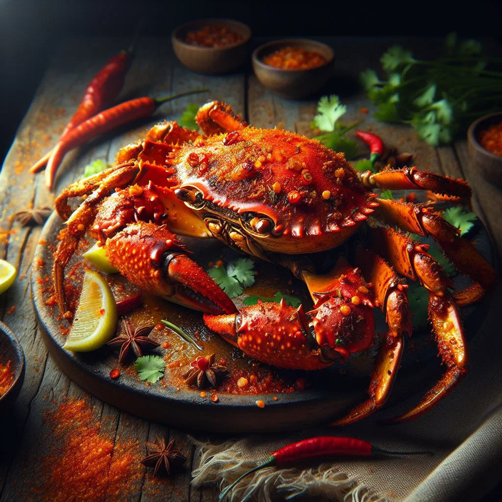 Fresh crab in a glossy chilli sauce garnished with coriander