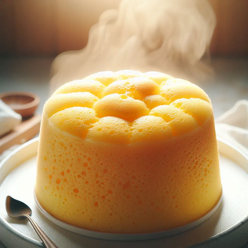 Slices of light, fluffy steamed egg cake on a plate