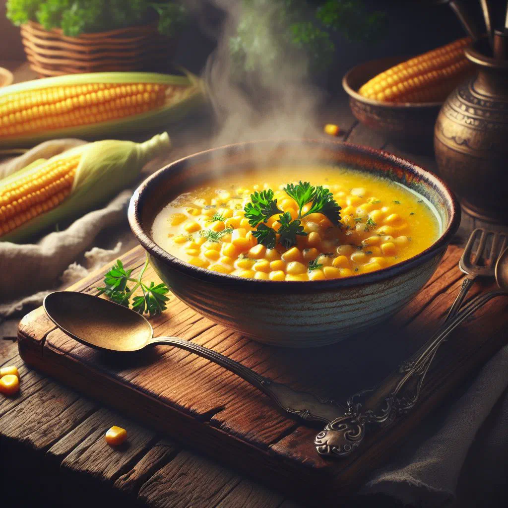 Bowl of creamy sweet corn soup garnished with fresh herbs