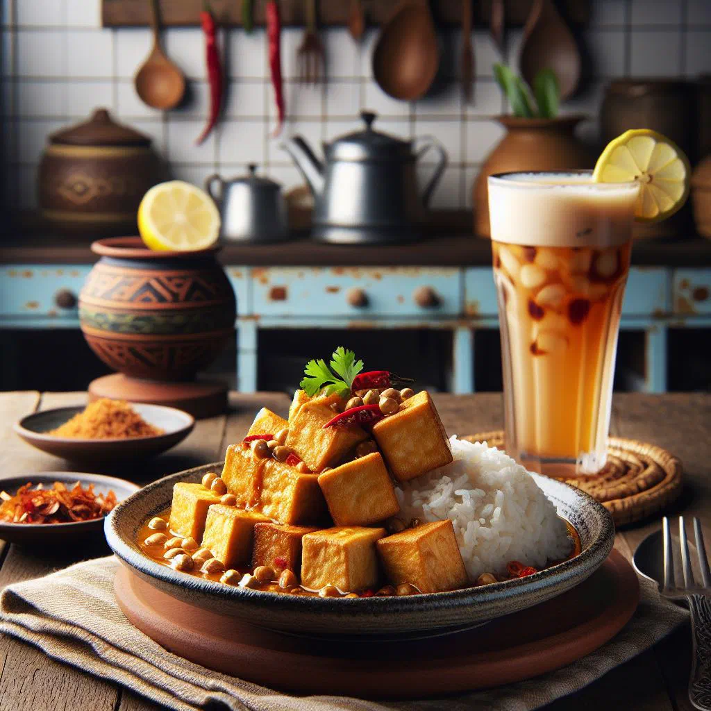 Crispy fried tofu cubes with peanut sauce and fresh vegetables