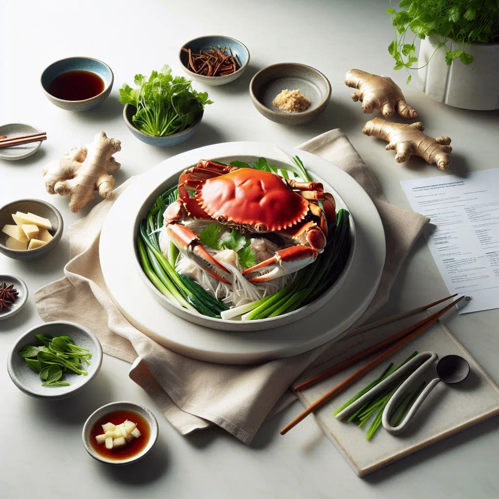 Chilled Teochew cold crab pieces on a platter with fresh herbs and chilli