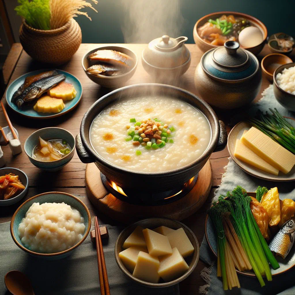 Bowl of Teochew porridge with soft rice, fish and leafy greens