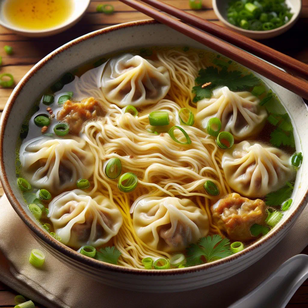 Bowl of wonton noodle soup with dumplings, egg noodles and spring onions