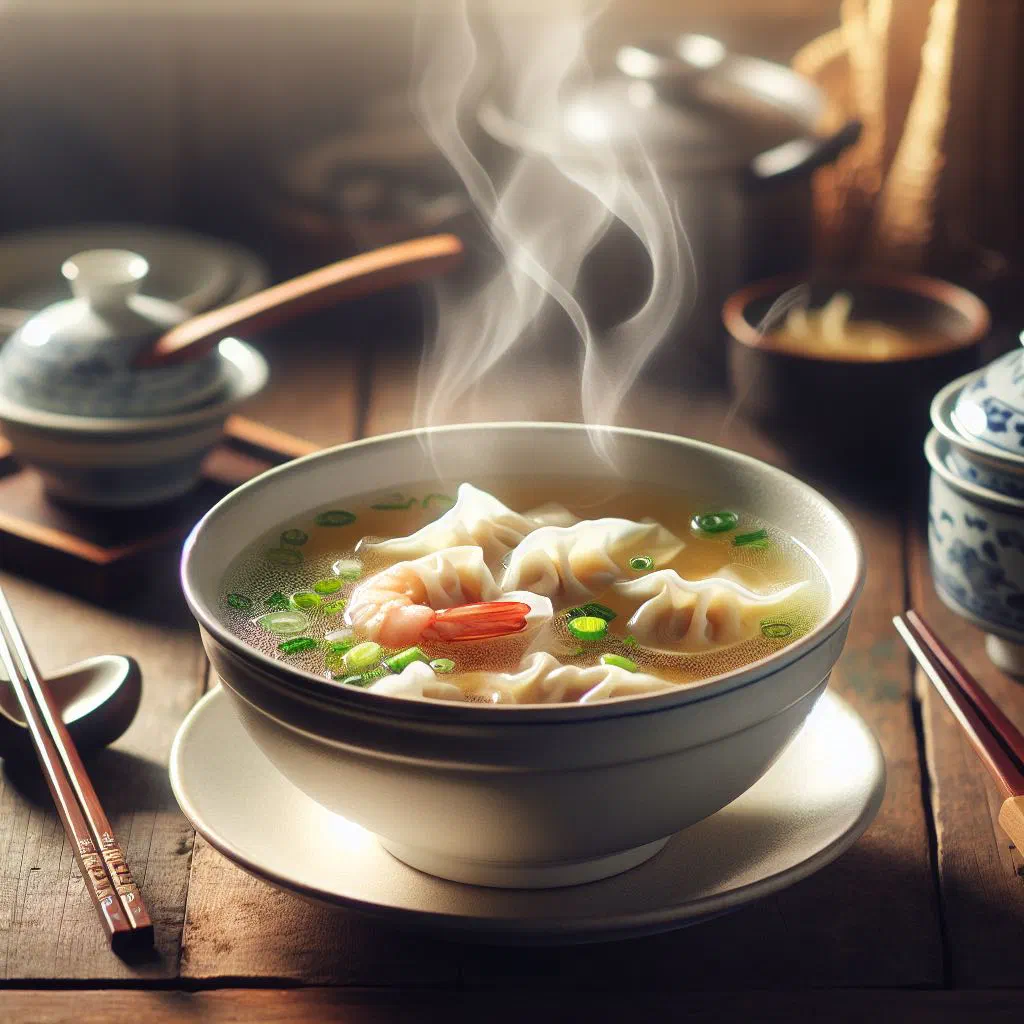 A bowl of wonton soup with plump dumplings and greens in a clear broth