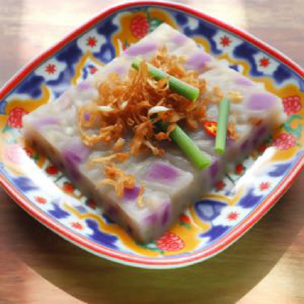 Steamed savoury yam cake cut into squares and garnished with shallots
