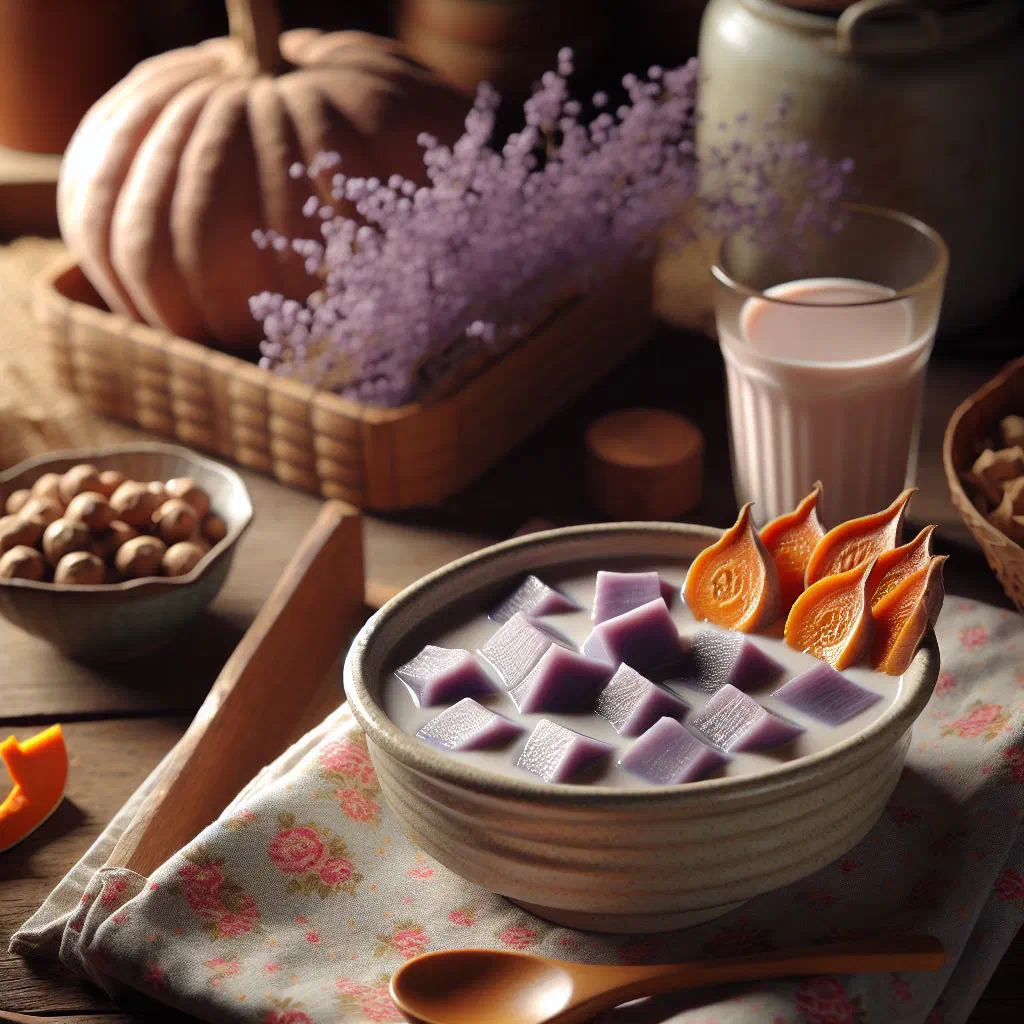 Smooth purple yam paste dessert topped with warm coconut sauce