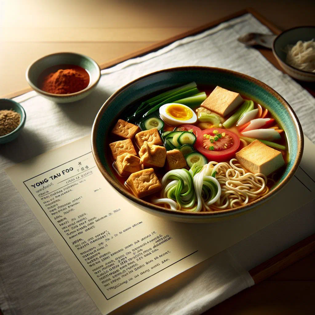 Bowl of Yong Tau Foo with stuffed tofu and vegetables in clear broth