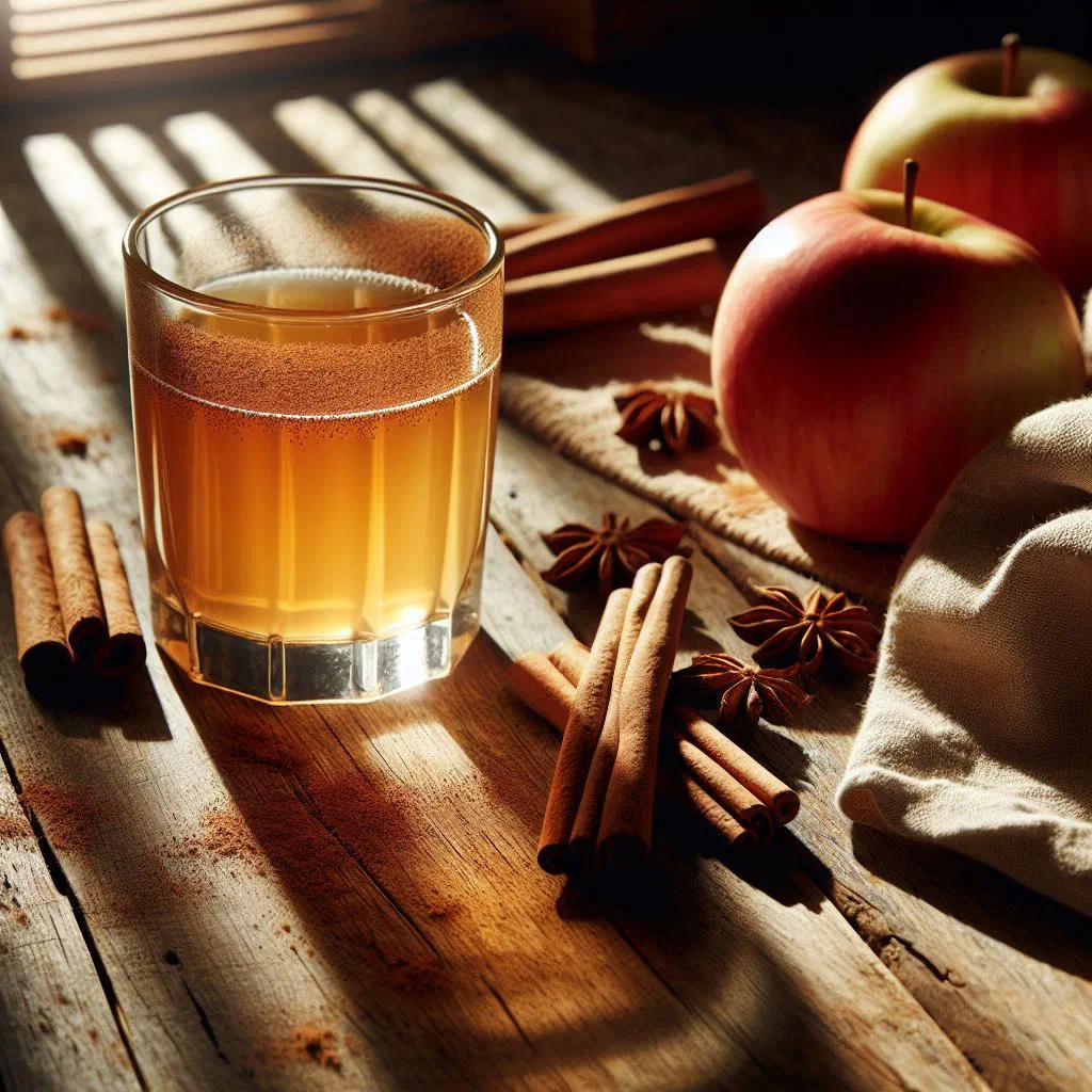 A glass of warm apple and ginger juice with a cinnamon stick garnish