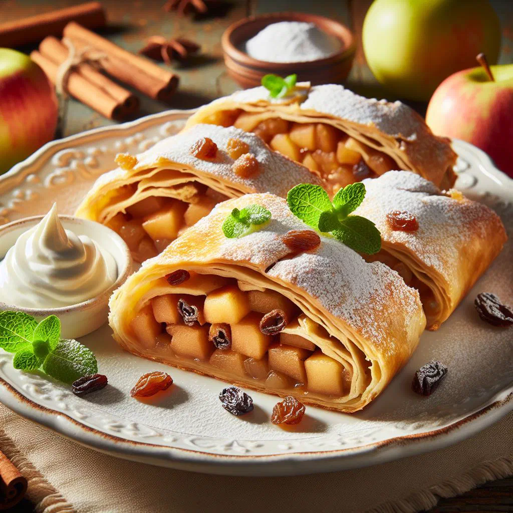 Sliced apple strudel dusted with icing sugar on a wooden board