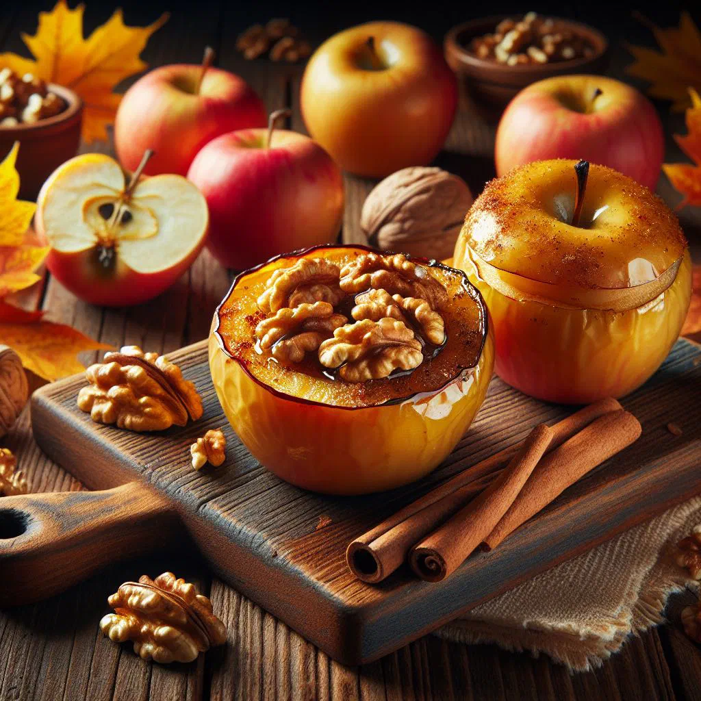 Baked apples filled with honeyed walnuts and dusted with cinnamon