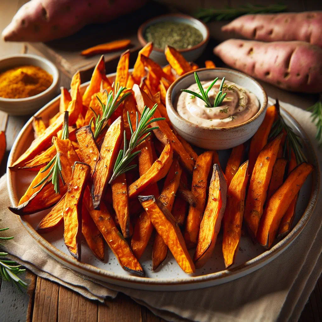 Crispy baked sweet potato fries garnished with fresh herbs
