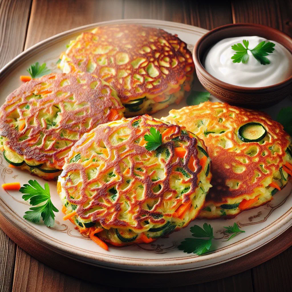 Golden baked vegetable fritters garnished with fresh herbs and lemon