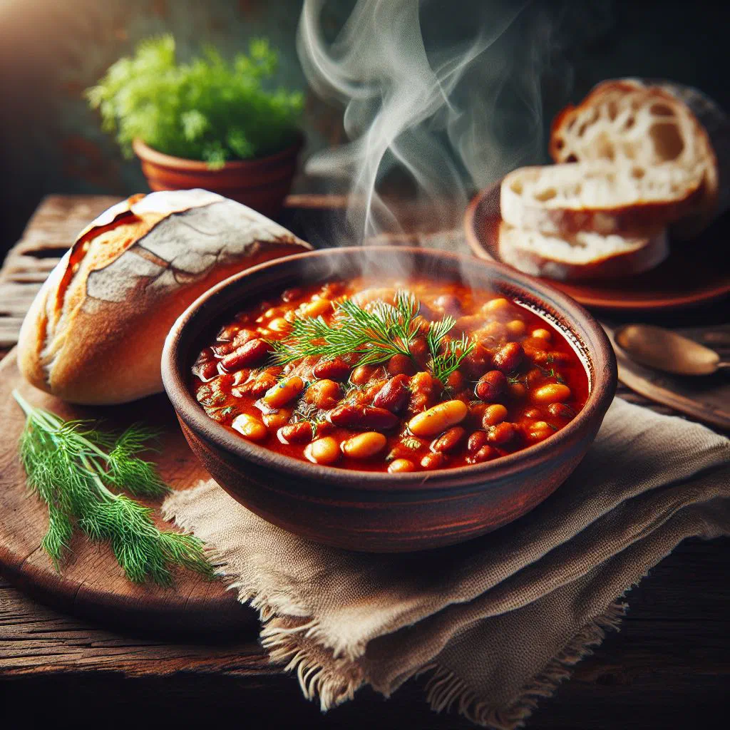 Bowl of Slovak bean goulash with paprika and vegetables