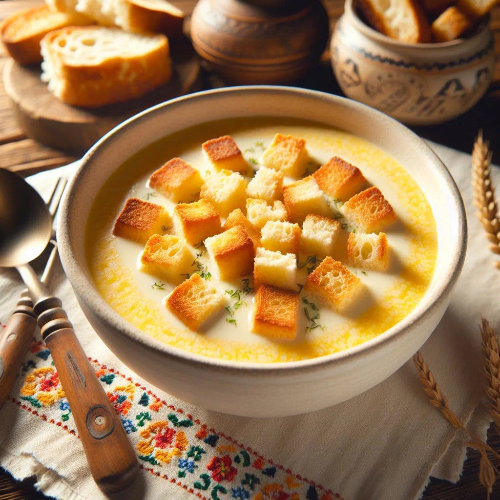 Creamy Slovak bryndza soup topped with golden croutons and fresh parsley