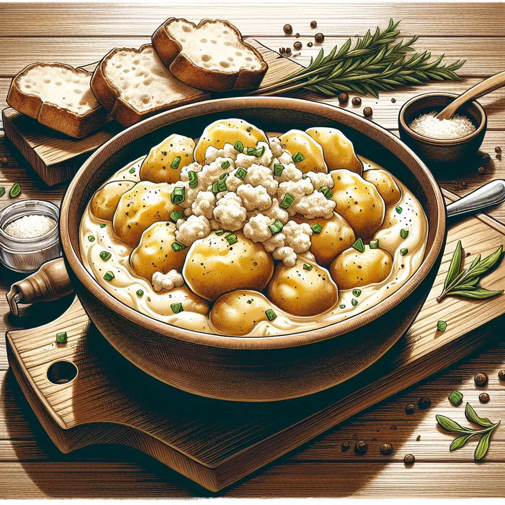 Creamy bryndzová kaša mashed potatoes with sheep's cheese, garnished with fresh herbs