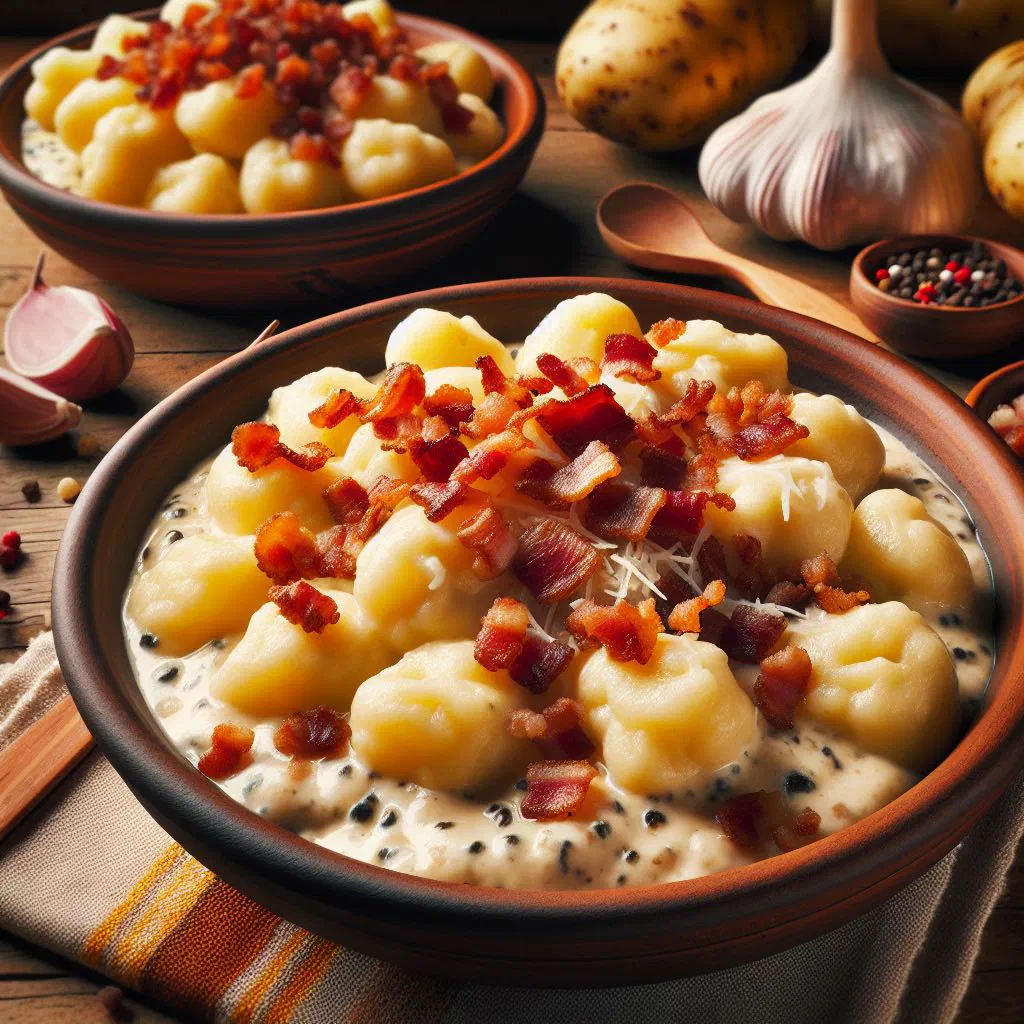 A bowl of bryndzové halušky topped with crispy bacon and chives