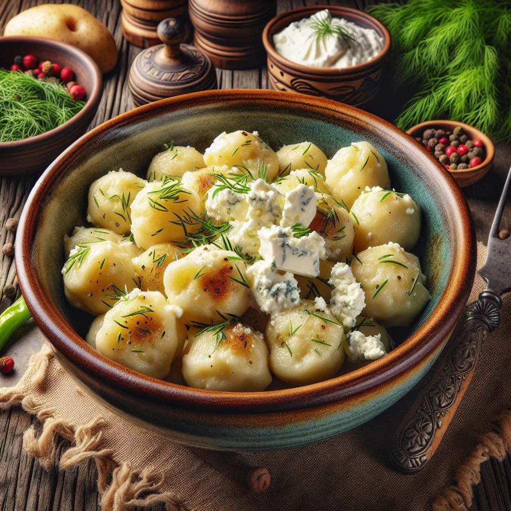 Bryndzové halušky topped with creamy sheep's cheese and fresh dill