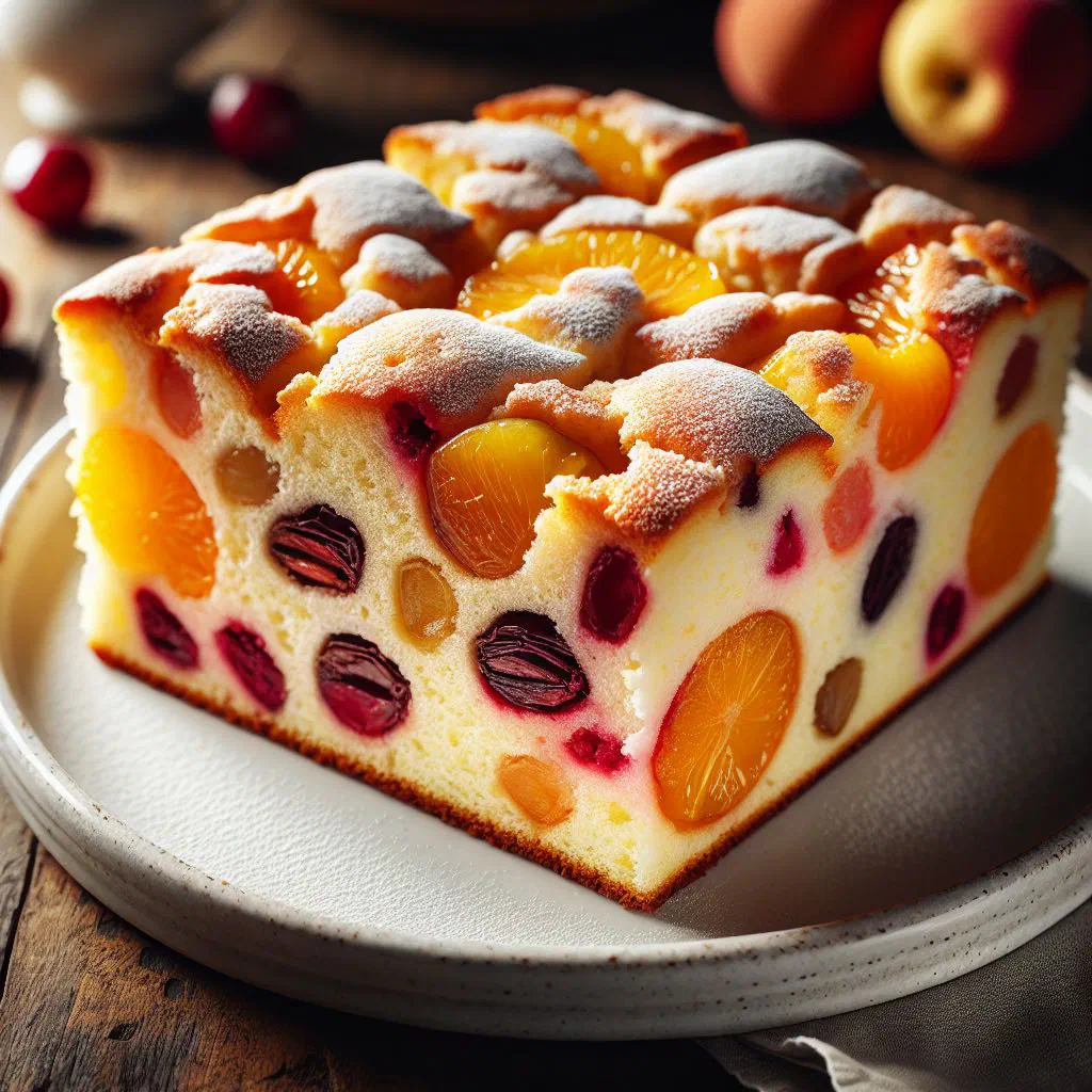 Slice of Slovak bublanina sponge cake studded with fresh cherries