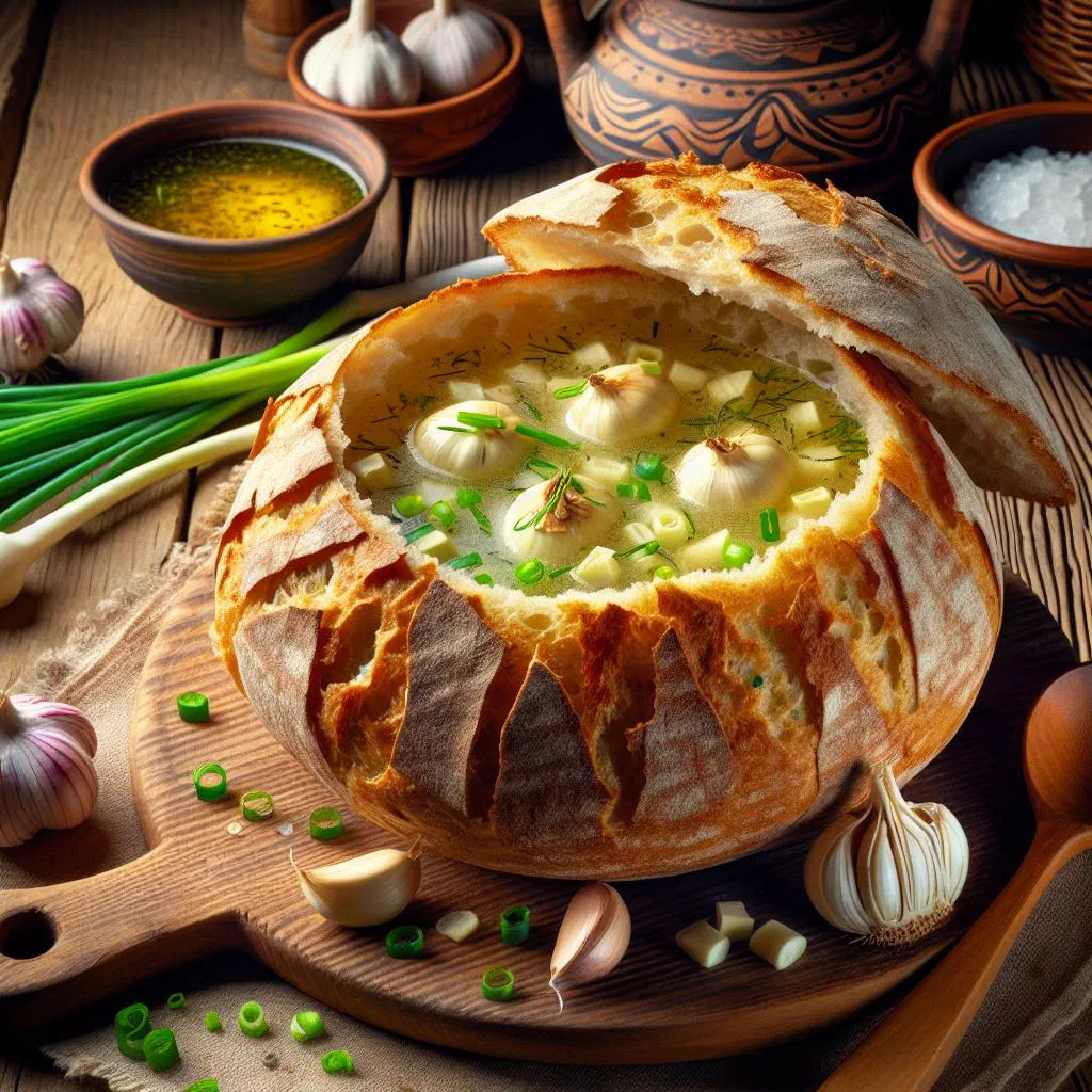 Creamy Slovak garlic soup garnished with fresh parsley