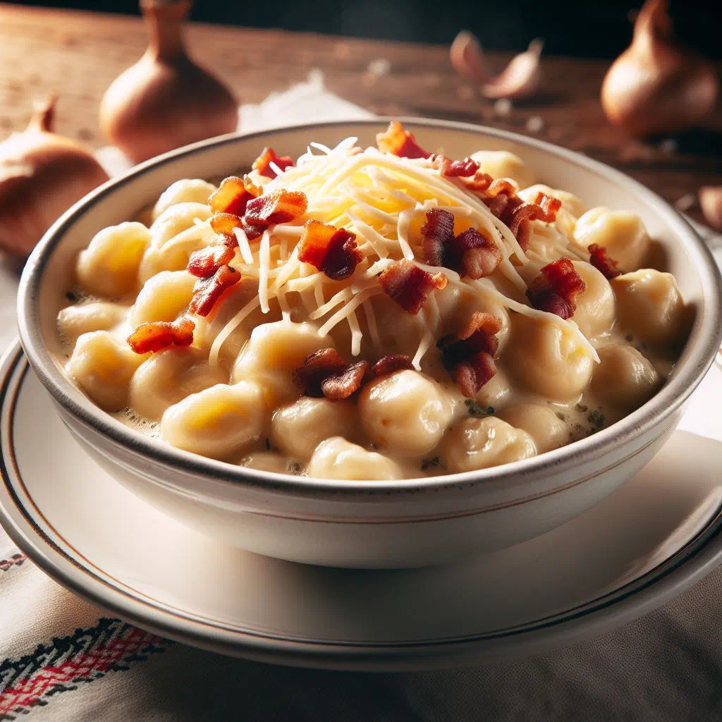 Slovak cheese halušky topped with melted bryndza and crispy bacon