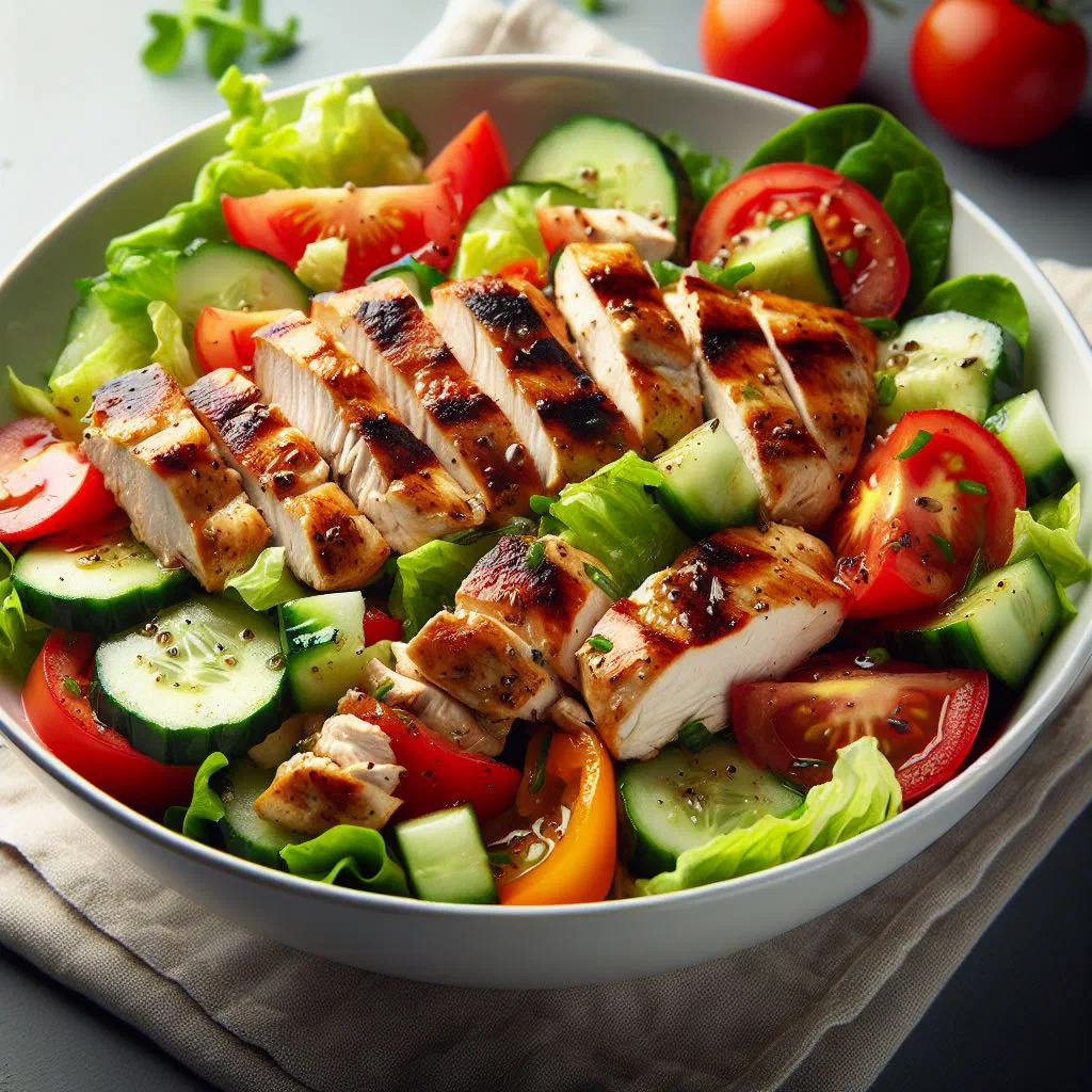 Slovak chicken salad with leafy greens, fresh vegetables and tender chicken strips