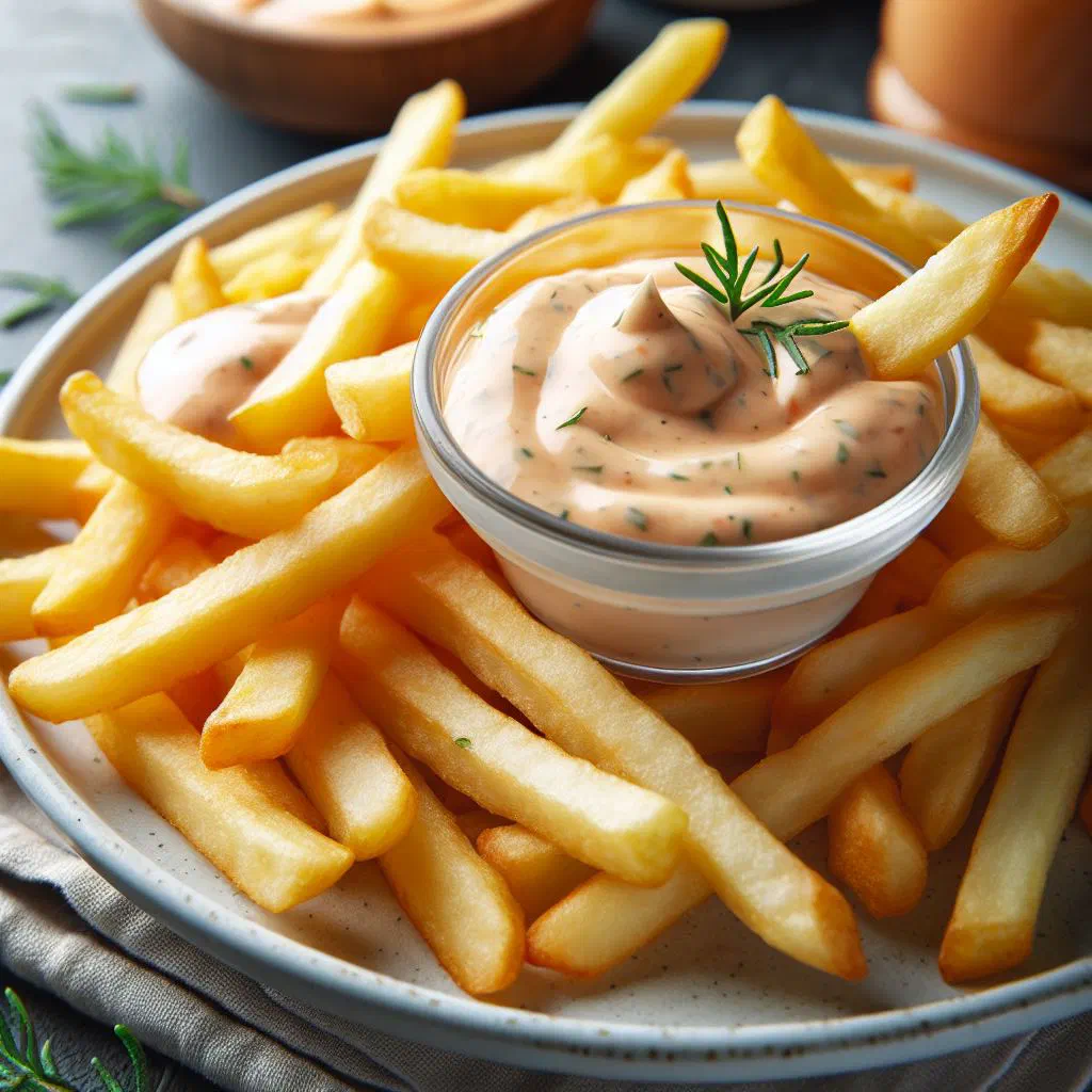 Crispy golden chips served alongside a creamy sour cream dipping sauce garnished with fresh herbs