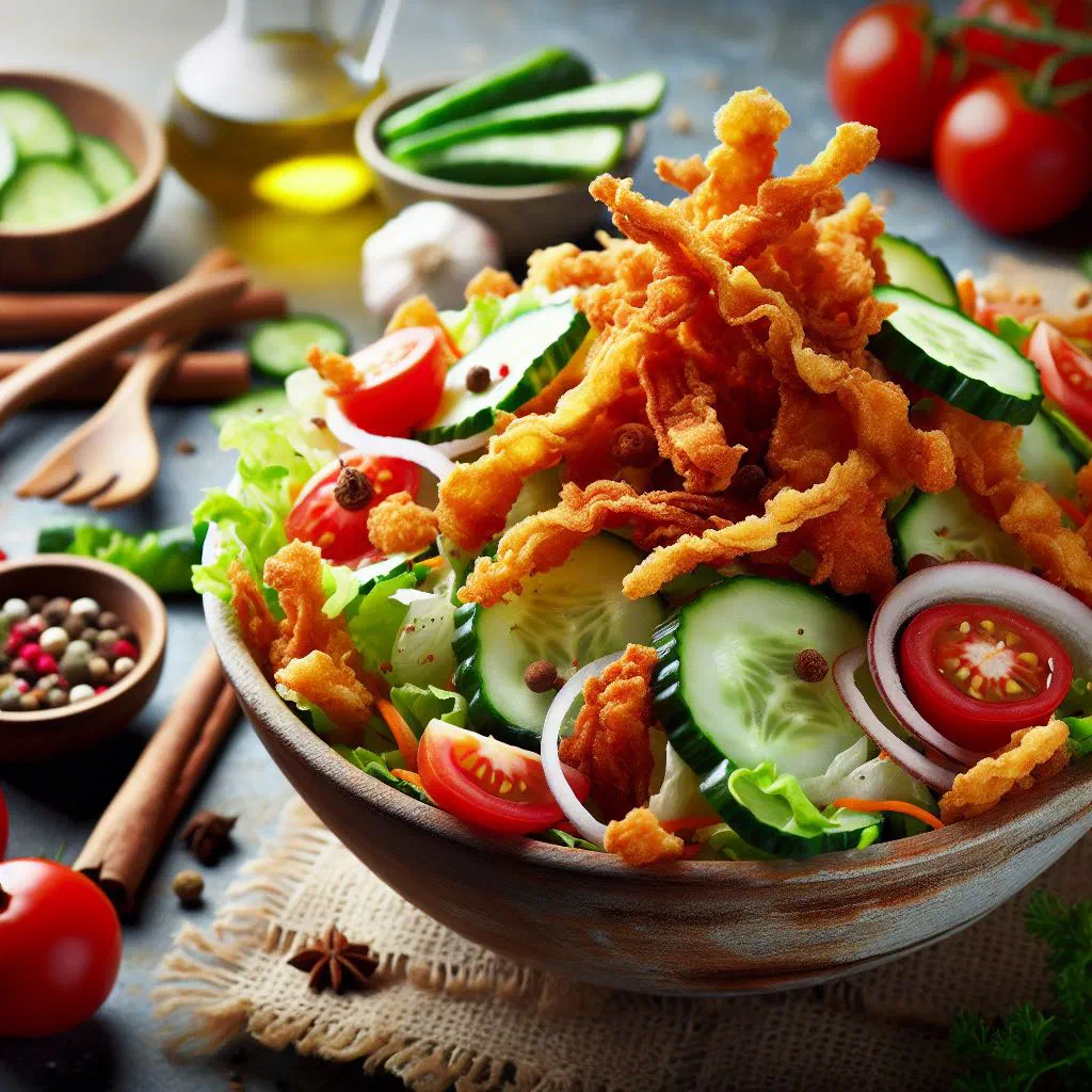 Crunchy Slovak salad of fresh leaves, cucumber, tomato and crumbled feta
