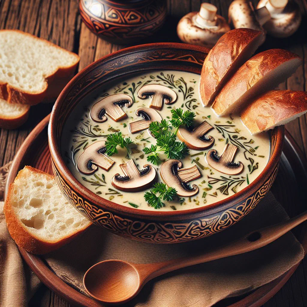 A rustic bowl of Slovak Domáca Sejková Polievka with vegetables and fresh parsley