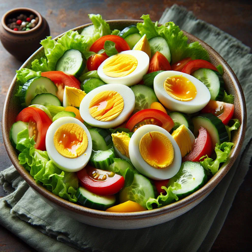 Slovak egg salad with boiled eggs, crisp vegetables and fresh herbs in a bowl