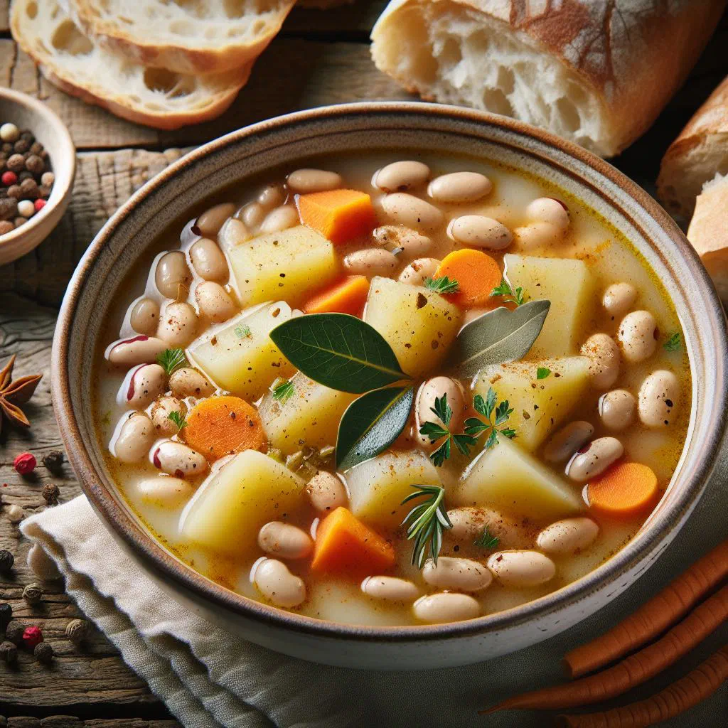 Bowl of Slovak bean soup garnished with fresh parsley
