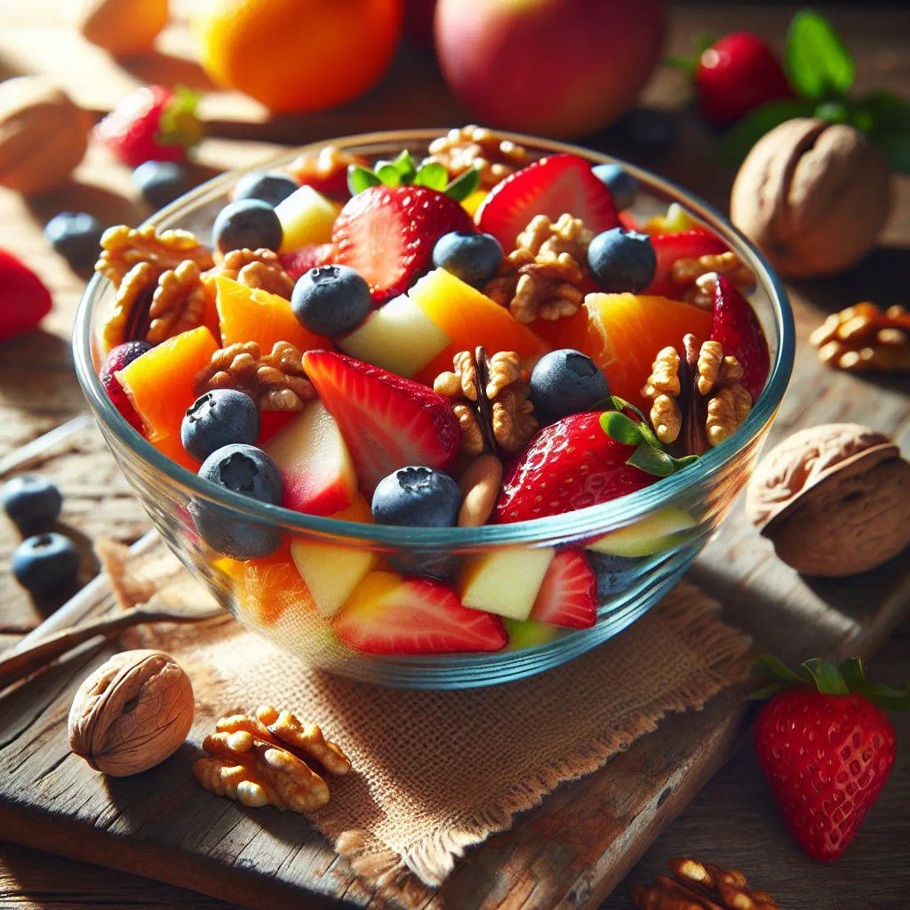 Fresh fruit salad with chopped walnuts in a colourful bowl