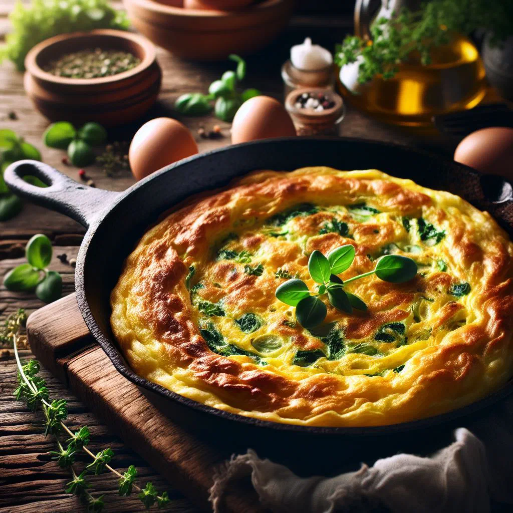 Golden farmer's omelette with potatoes, onion and green pepper on a plate