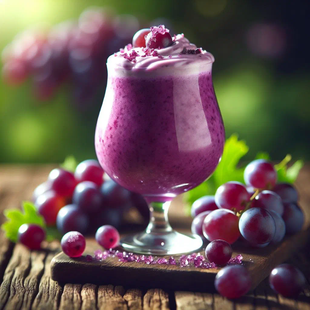 A tall glass of freshly blended grape smoothie garnished with fresh grapes