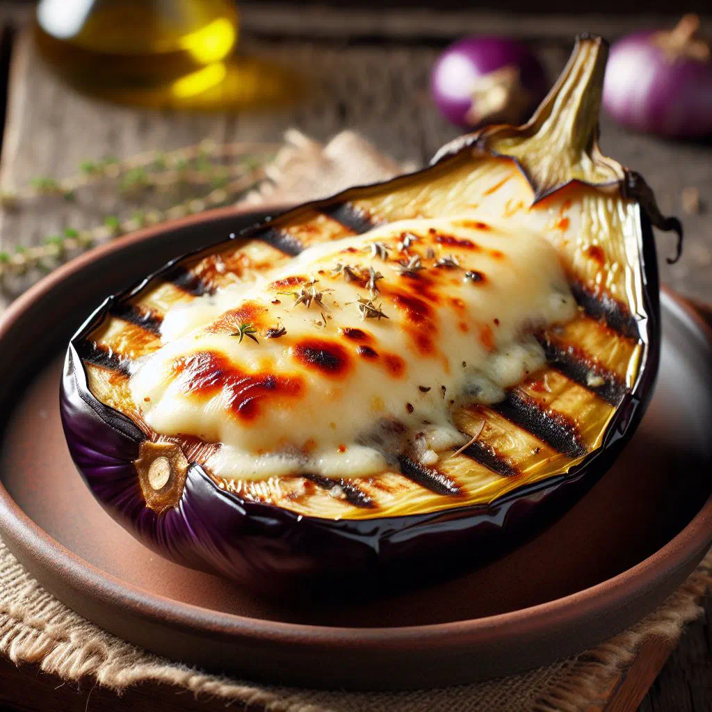 Grilled aubergine slices topped with melted cheese and fresh herbs