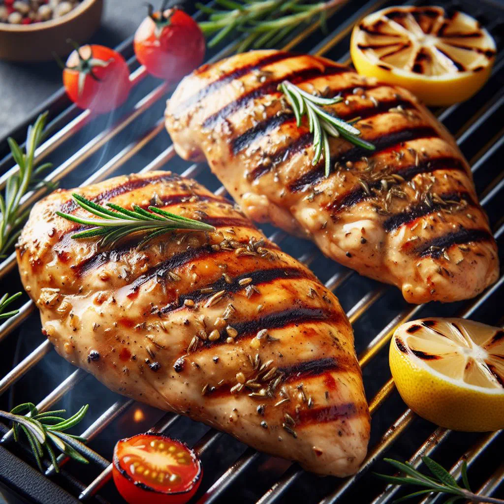 Grilled chicken fillets garnished with fresh herbs and lemon slices