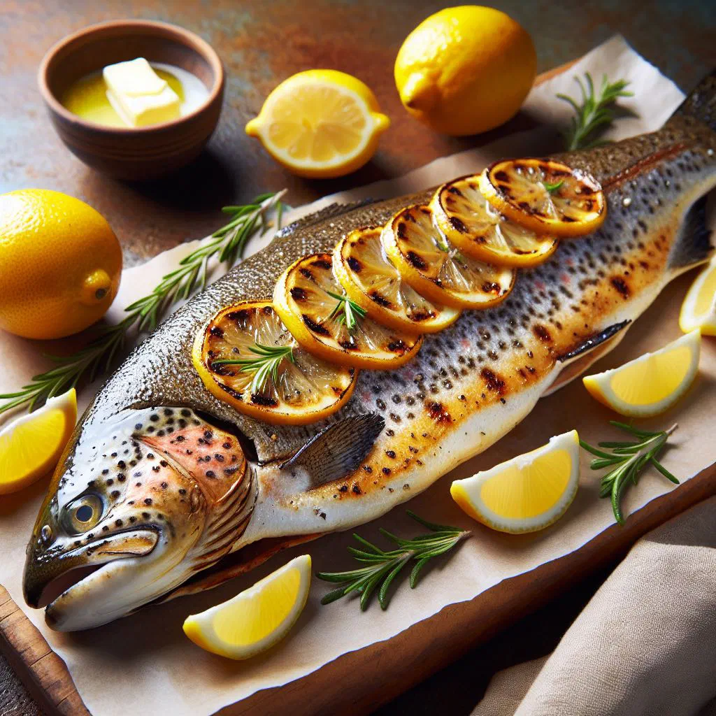 Grilled whole trout with lemon slices and fresh rosemary