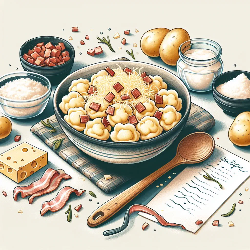 Bowl of Slovak halušky topped with sheep's cheese and crispy bacon