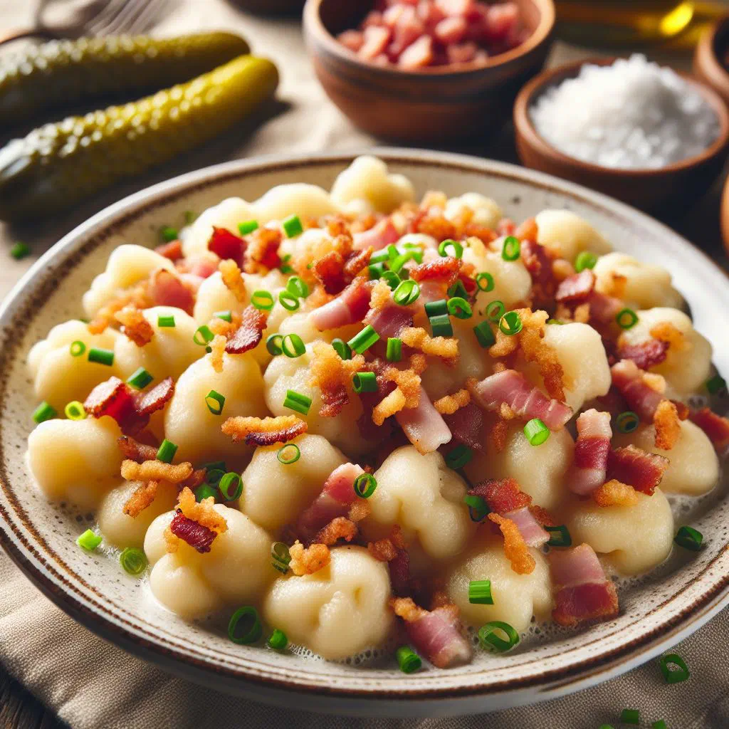 Slovak halušky potato dumplings tossed with pieces of smoked sausage and parsley