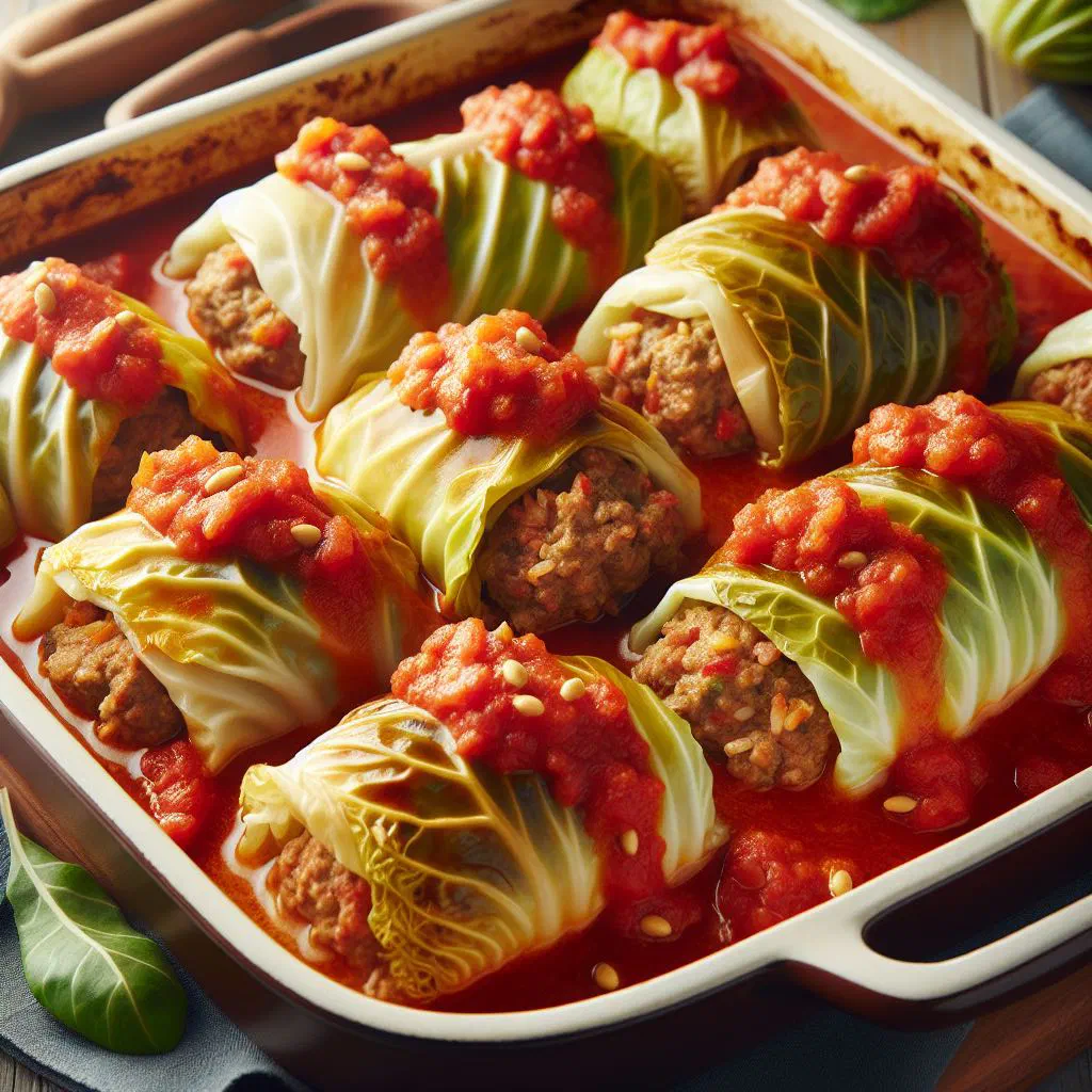 Slovak holúbky cabbage rolls simmered in tomato sauce with a spoon of sour cream