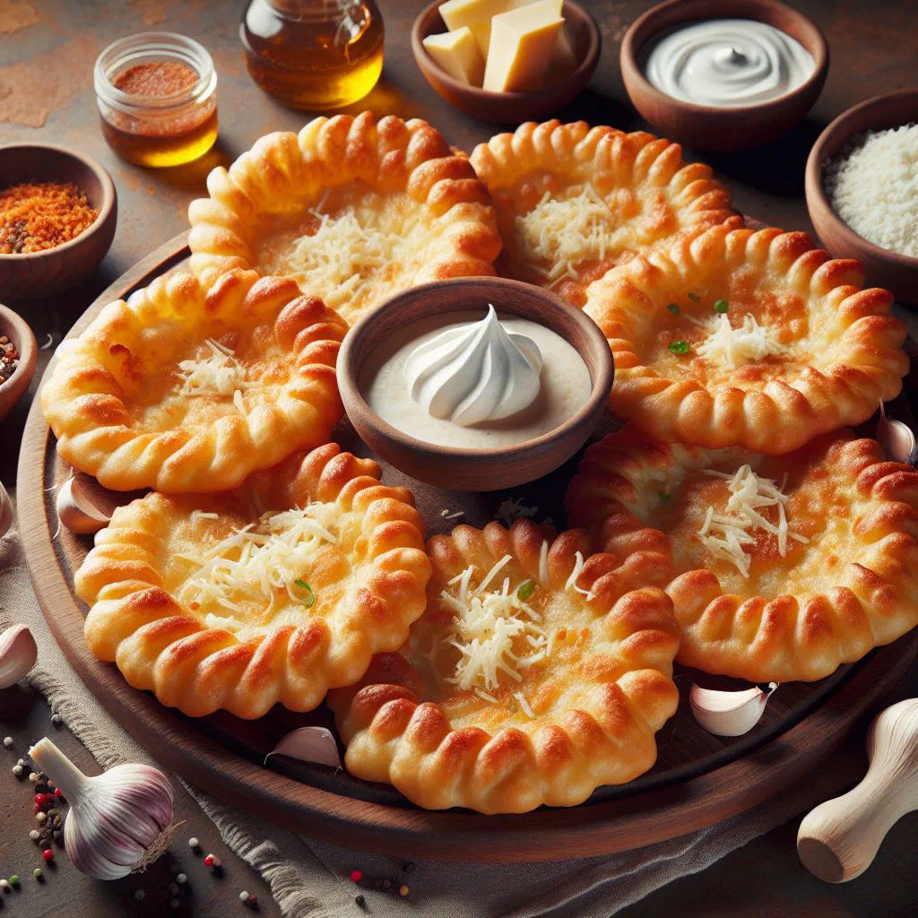 Golden fried langoše topped with garlic, sour cream and grated cheese