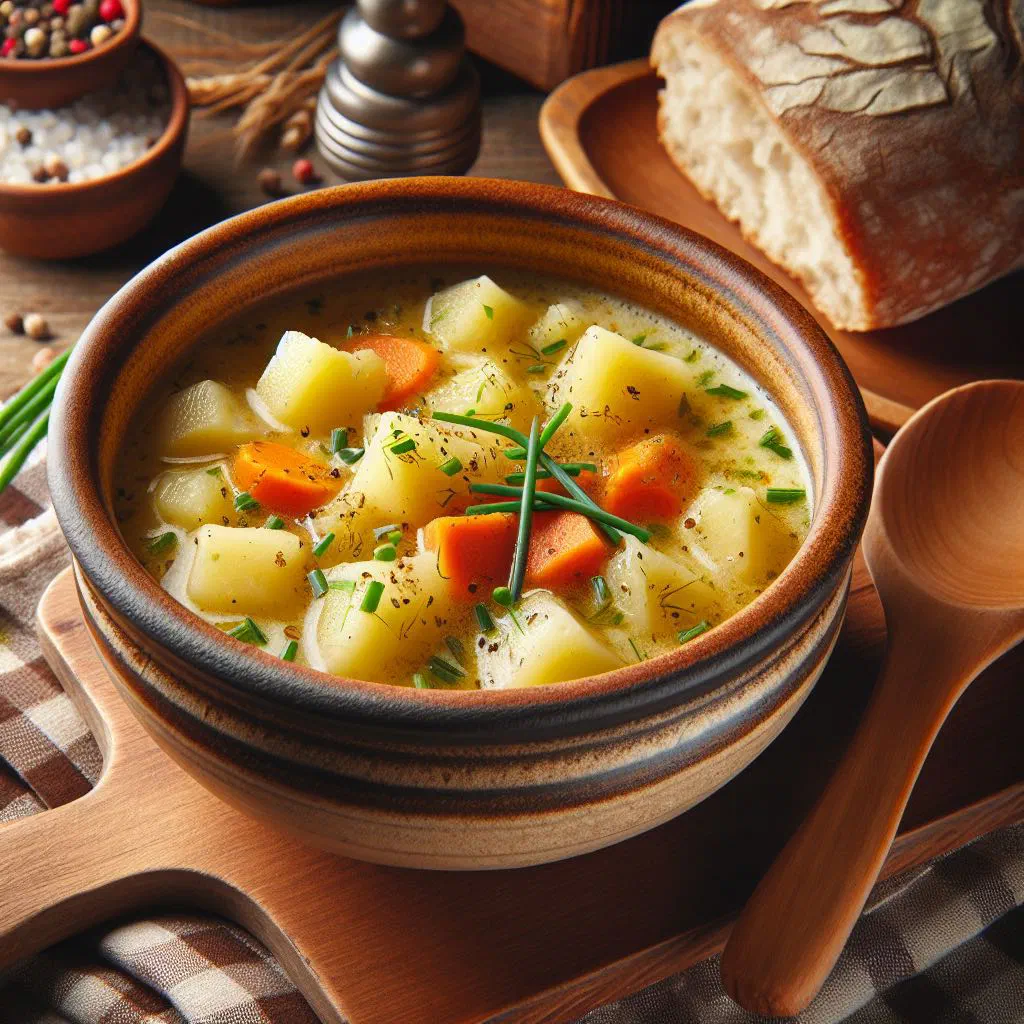 Bowl of creamy Slovakian potato soup garnished with fresh parsley
