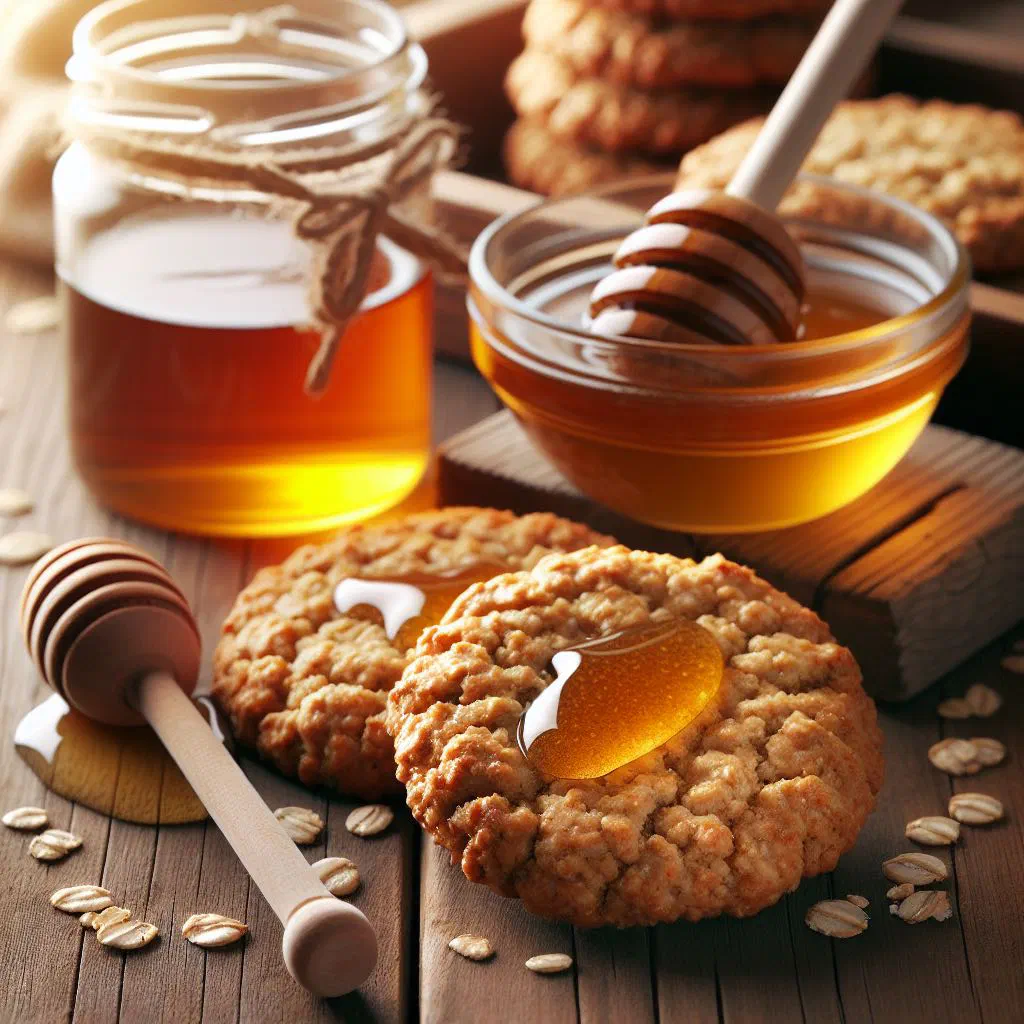 Golden-baked honey oat cookies cooling on a plate