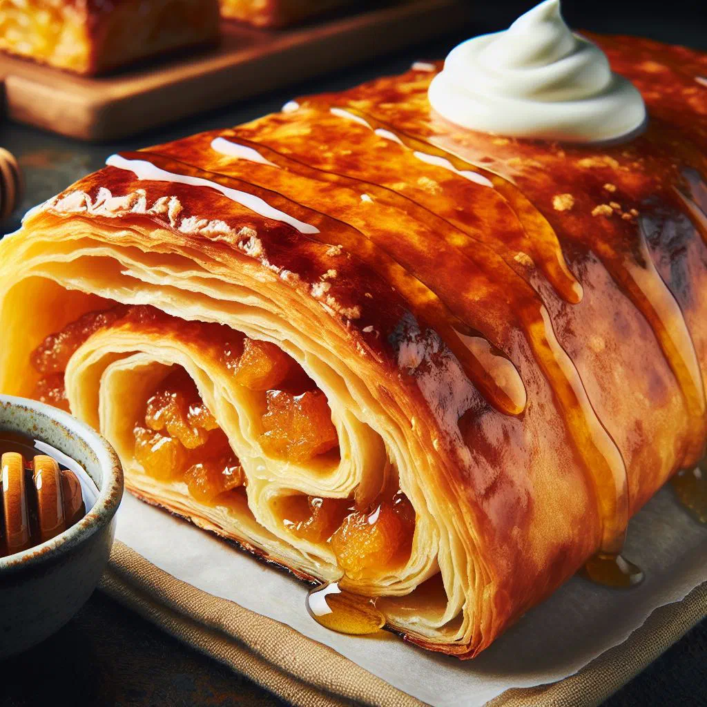 Golden slices of Slovak honey strudel dusted with icing sugar