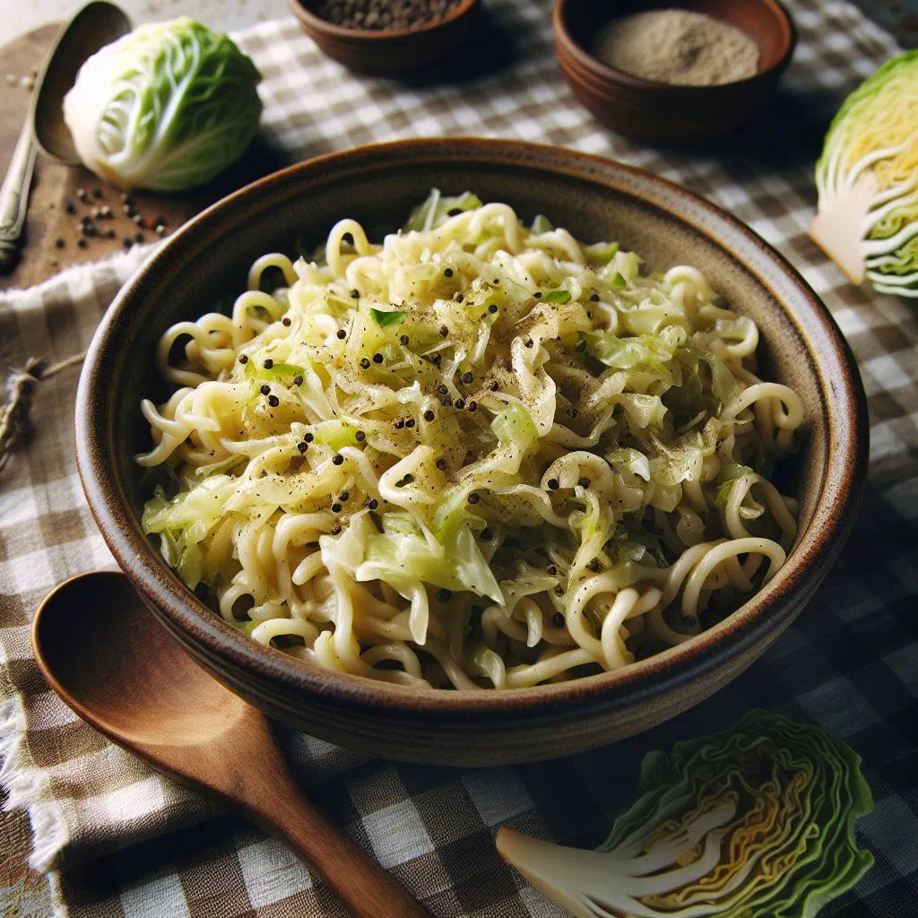 Kapustové Strapačky — soft potato dumplings tossed with sautéed sauerkraut on a rustic plate
