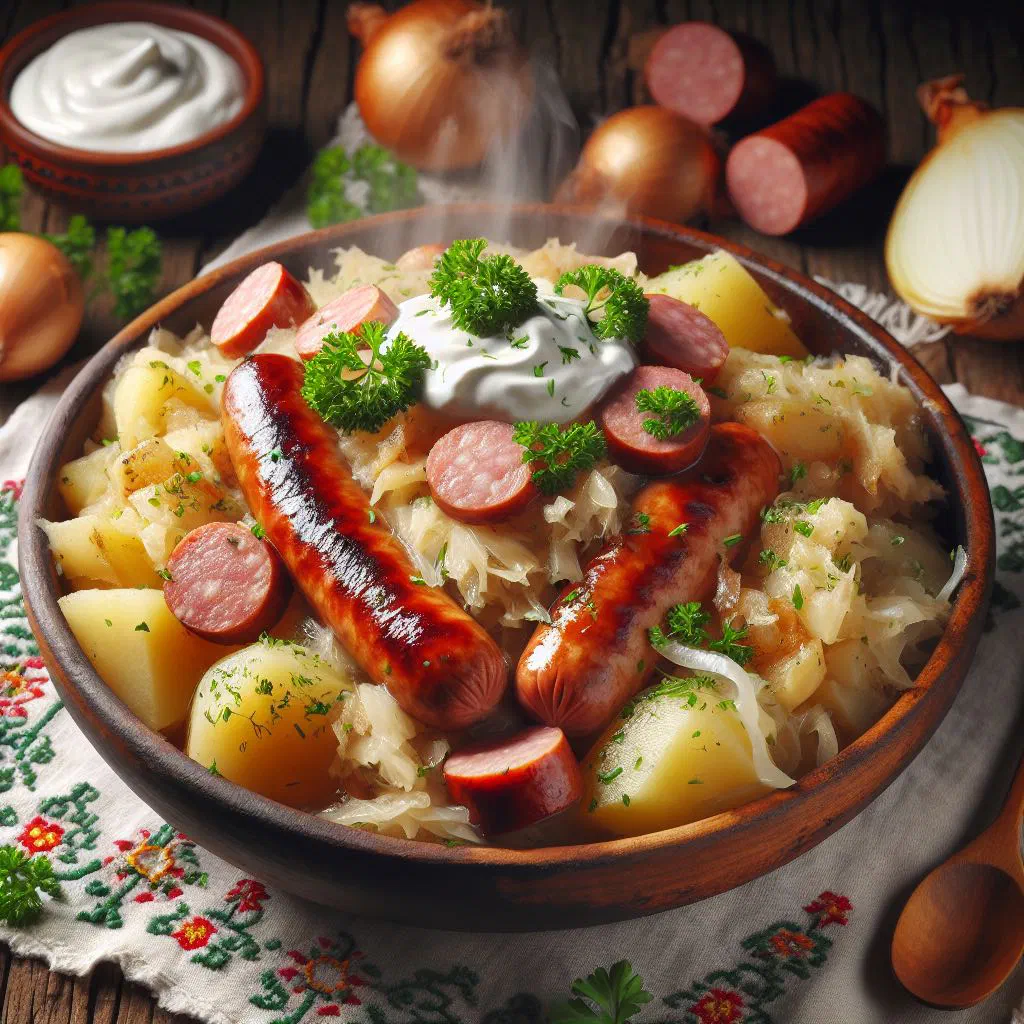 Bowl of Slovak sauerkraut prívarok with sausage and fresh parsley