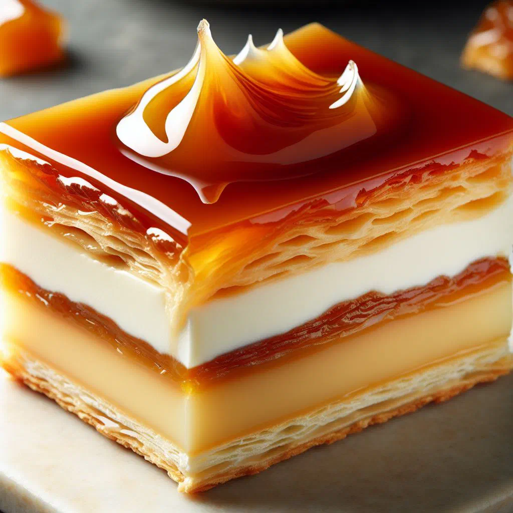 Slices of Karamelový Krémeš with vanilla custard and caramel glaze