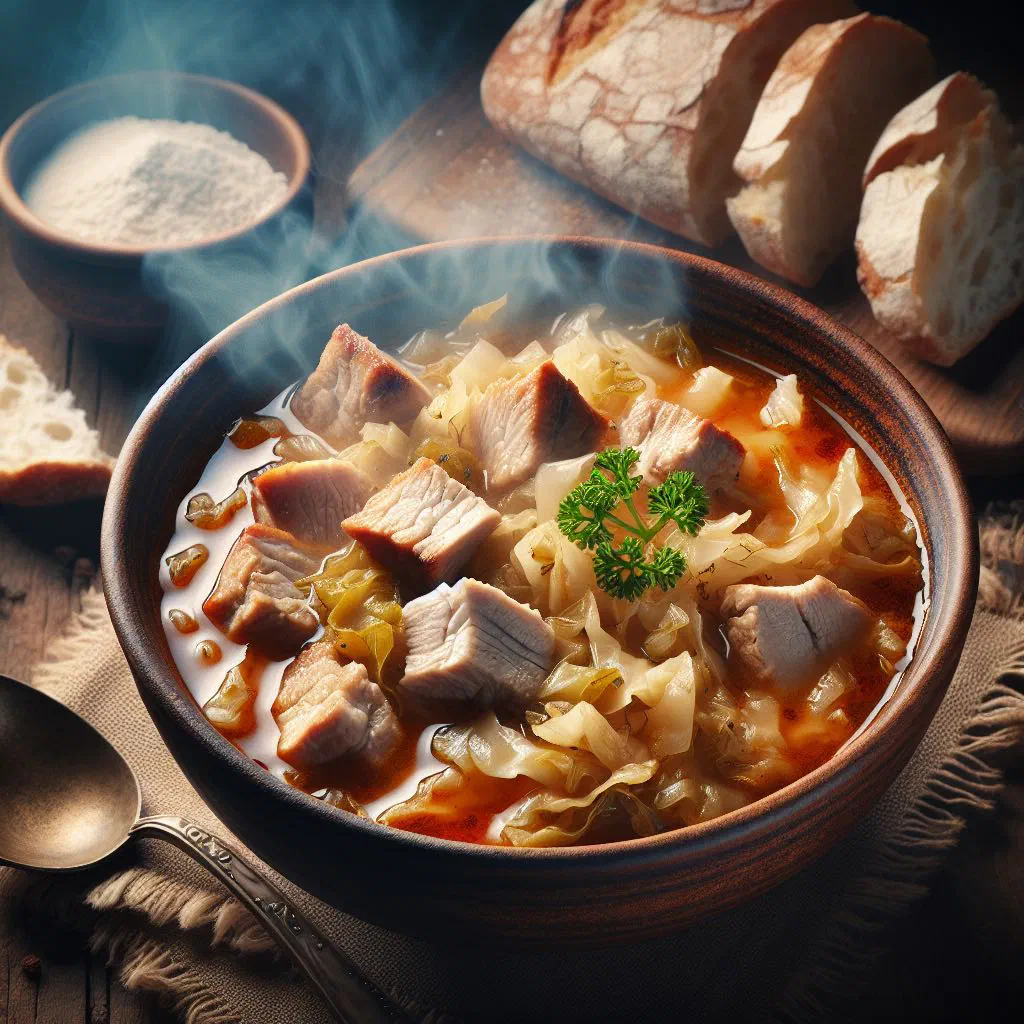 Layered sauerkraut bake with pork, smoked sausage and rice