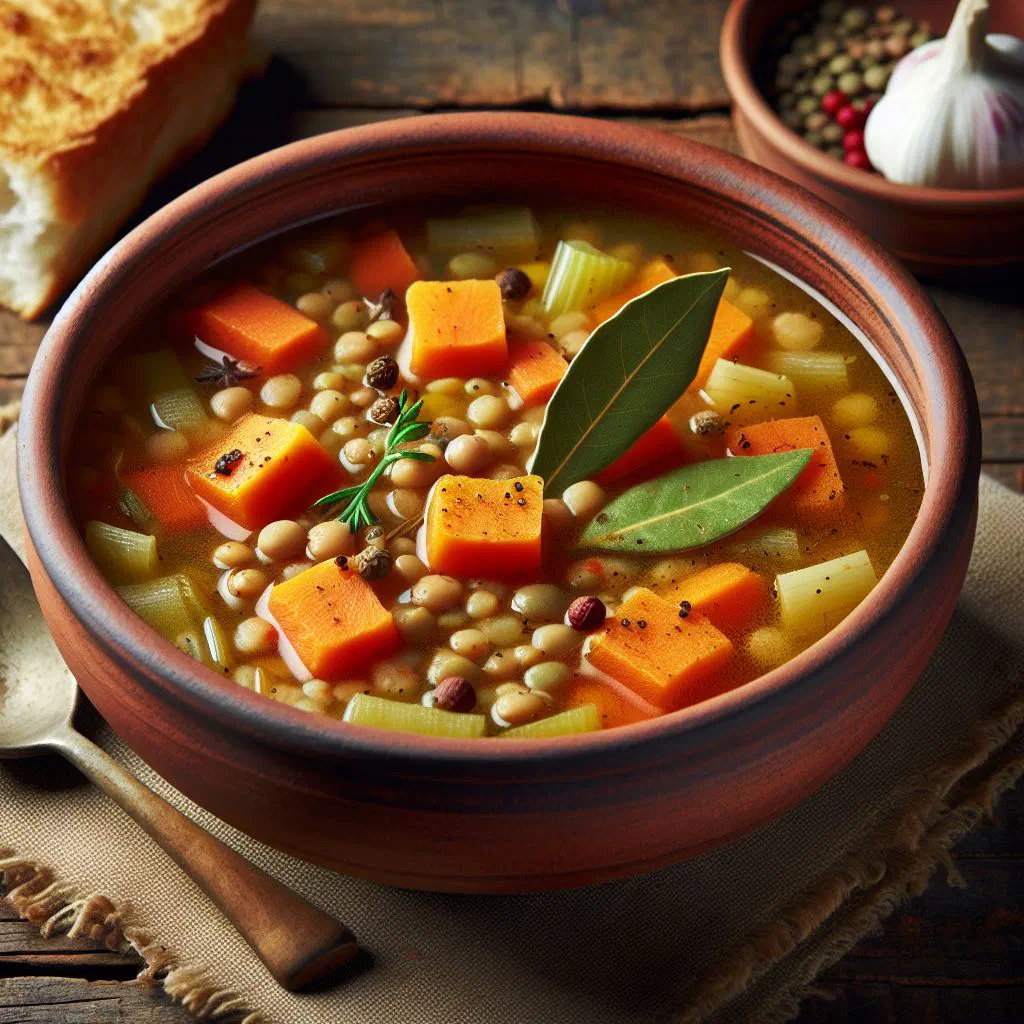 A bowl of Slovak sour lentil soup topped with soured cream and fresh herbs